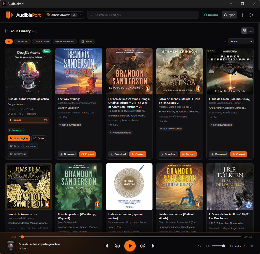 AudiblePort desktop app showing your audiobook library